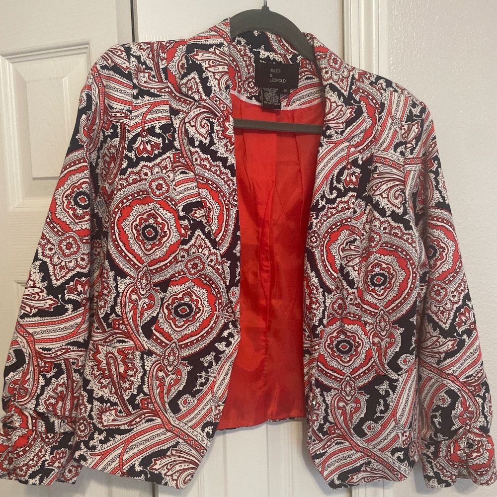 Jules + Leopold red white and blue paisley blazer size 10